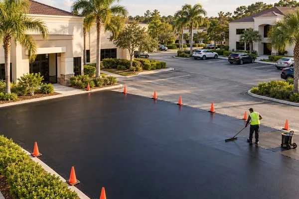 Worker sealcoats a coned-off parking zone while adjacent areas remain open at a multi-building office complex.